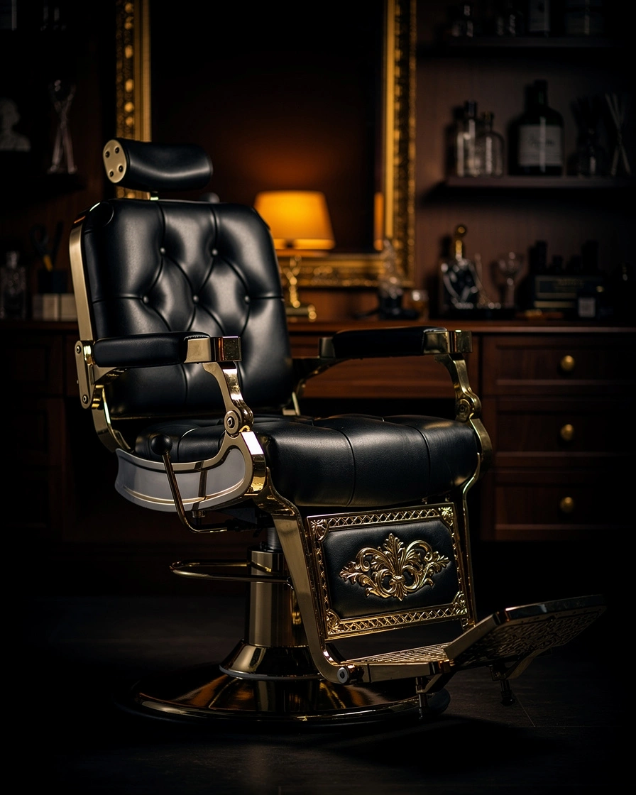 Vintage black leather barber chair with brass fittings