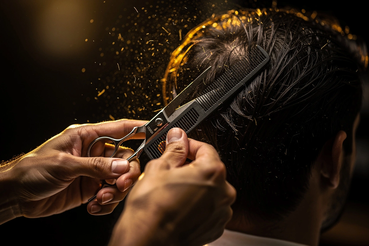 Barber cutting hair with scissors and a comb