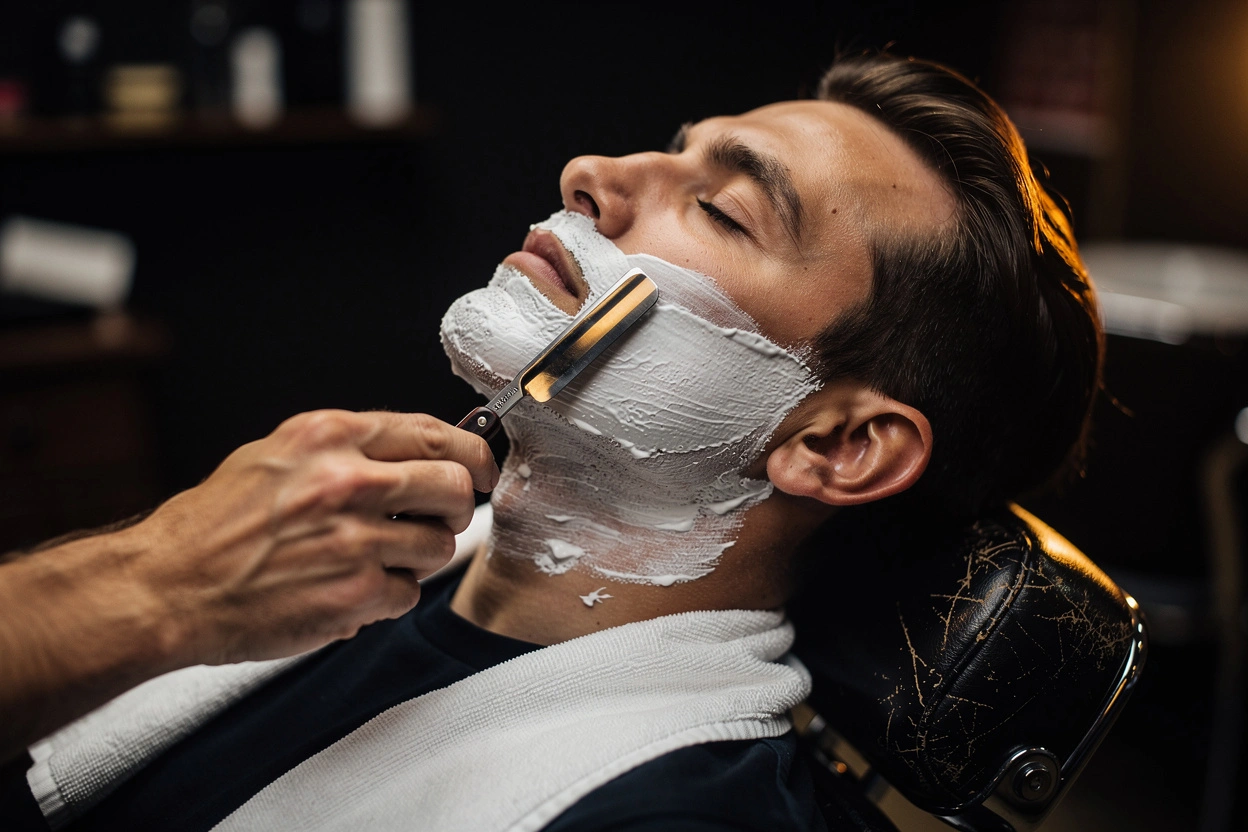 Straight razor shave with lather