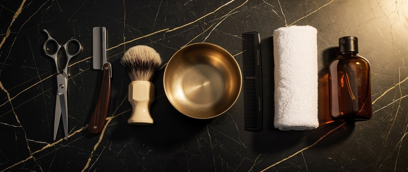 Scissors, a straight razor, a shaving brush and a towel laid out on black marble